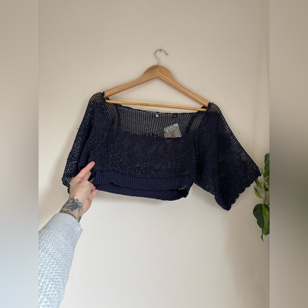 Anthropologie Knitted & Knotted Crochet Tee in Navy